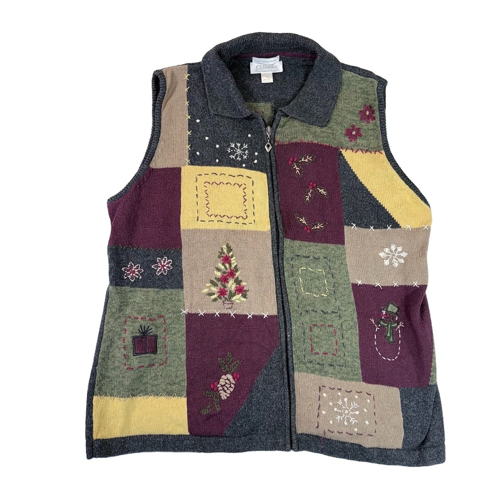 VTG CJ Banks Christmas Vest 1X Hand Embroidered Patchwork Holiday Grandma Artsy
